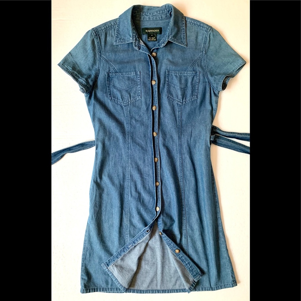 BUSHWACKER Denim Button Down Dress Self Belt Short Sleeves Lightweight - Picture 4 of 6